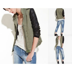Zara Green Army Jacket with Faux Leather Sleeves